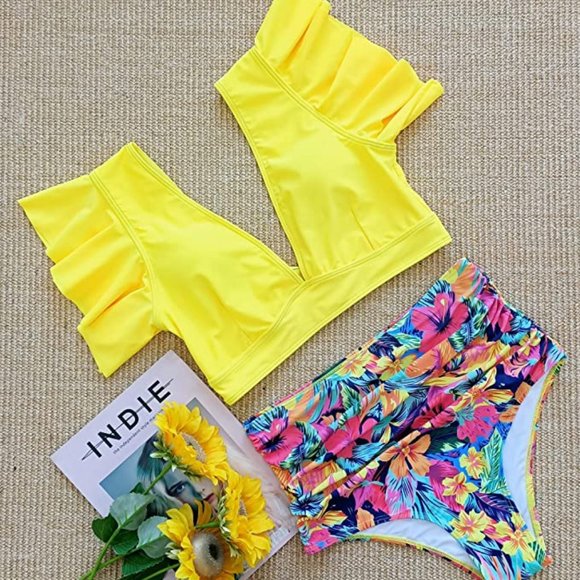 SPORLIKE Women Ruffle High Waist Swimsuit Two Pieces Push Up Tropical - Picture 3 of 8